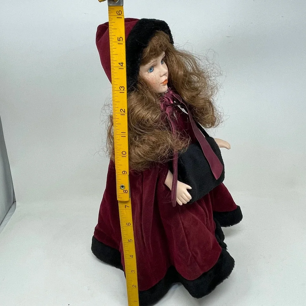 Vintage Porcelain Collector Doll 16 in Burgundy Velvet Hooded Cloak Winter Muff